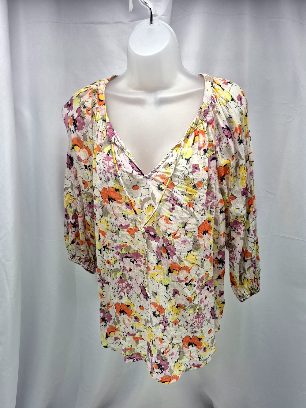 Chaps Boho Watercolor Floral Peasant Blouse Split Tie Neck Top Size L Festival